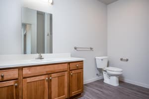 Bathroom with wood cabinets and large mirror at 459 Rock Apartments, 459 SE 192nd Ave, Gresham, Oregon 97233