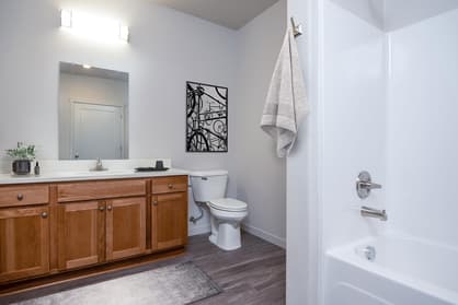 Staged bathroom with wood cabinets at 459 Rock Apartments