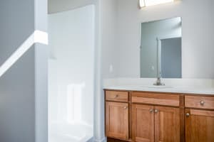 Bathroom with wood cabinets and large mirror at 459 Rock Apartments, 459 SE 192nd Ave, Gresham, Oregon 97233