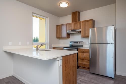 Kitchen with island and stainless steel appliances at 459 Rock Apartments