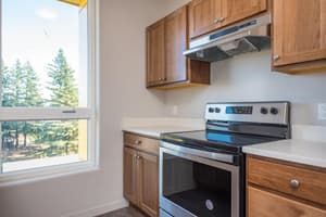 Kitchen with stainless steel stove and large window at 459 Rock Apartments, 459 SE 192nd Ave, Gresham, Oregon 97233