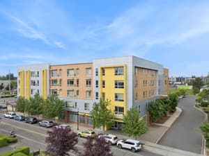 Exterior with modern design, large windows at 459 Rock Apartments, 459 SE 192nd Ave, Gresham, Oregon 97233