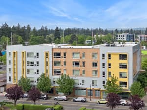 Exterior with modern facade, large windows at 459 Rock Apartments, 459 SE 192nd Ave, Gresham, Oregon 97233