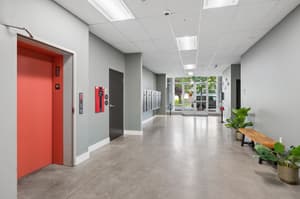 Hallway with elevator access, mailboxes at 459 Rock Apartments, 459 SE 192nd Ave, Gresham, Oregon 97233