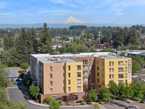 Aerial with apartment building, mountain view at 459 Rock Apartments, 459 SE 192nd Ave, Gresham, Oregon 97233