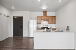 Kitchen with stainless steel appliances, wood cabinets at 459 Rock Apartments, 459 SE 192nd Ave, Gresham, Oregon 97233