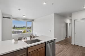 Kitchen with large windows, stainless steel appliances at 459 Rock Apartments, 459 SE 192nd Ave, Gresham, Oregon 97233