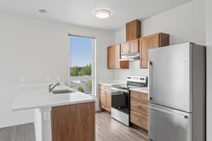 Kitchen with stainless steel appliances, wood cabinets at 459 Rock Apartments, 459 SE 192nd Ave, Gresham, Oregon 97233