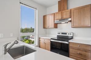 Kitchen with stainless steel appliances, wood cabinets at 459 Rock Apartments, 459 SE 192nd Ave, Gresham, Oregon 97233